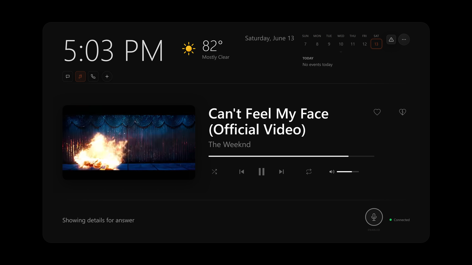 Viola desktop dashboard: time, weather, today's calendar, the song now playing, and a live voice indicator.