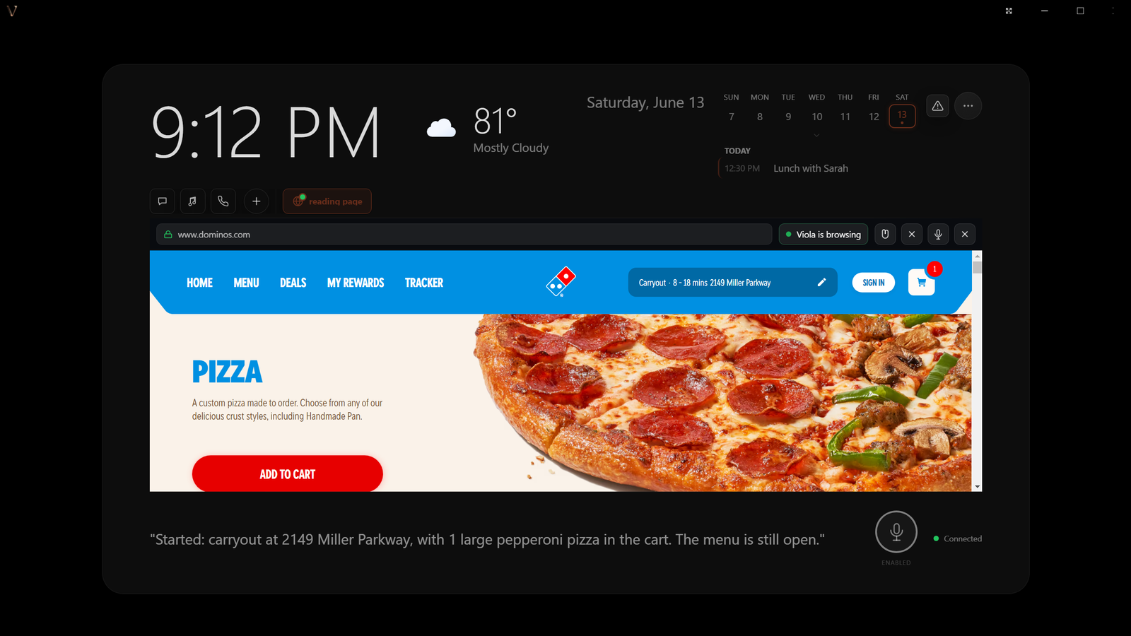 Viola browsing dominos.com with a pepperoni pizza in the cart and an order summary.