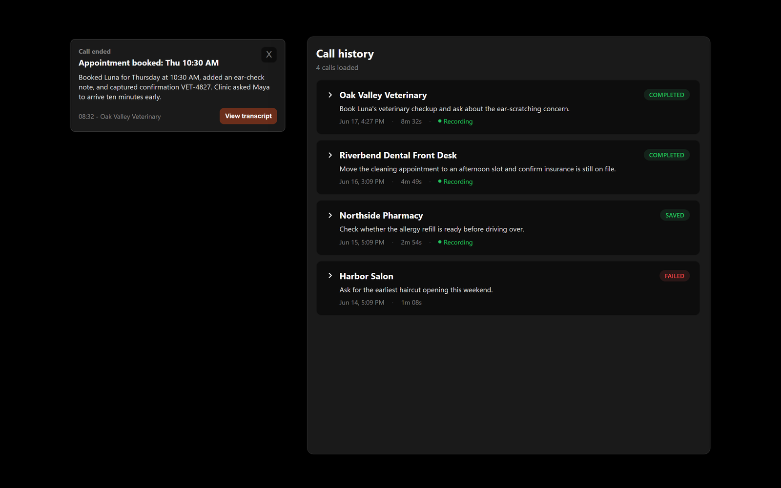 Viola call history: a booked-appointment summary and recent calls with length, status, and recordings.