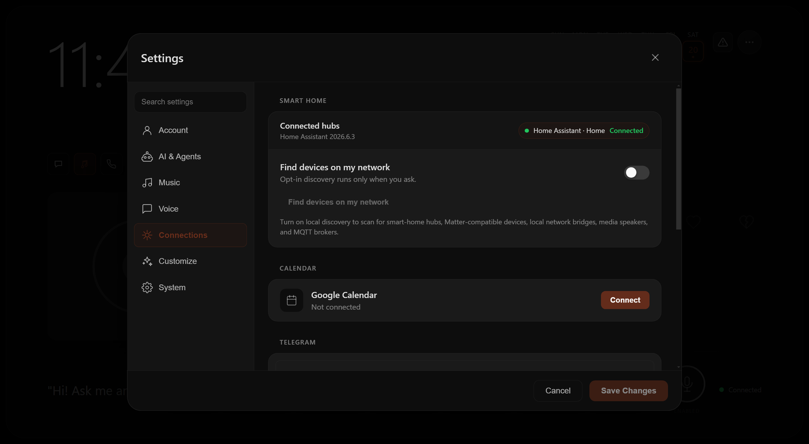 Viola Connections settings: a smart-home hub shown connected, with opt-in find-devices discovery and Google Calendar and Telegram below it.